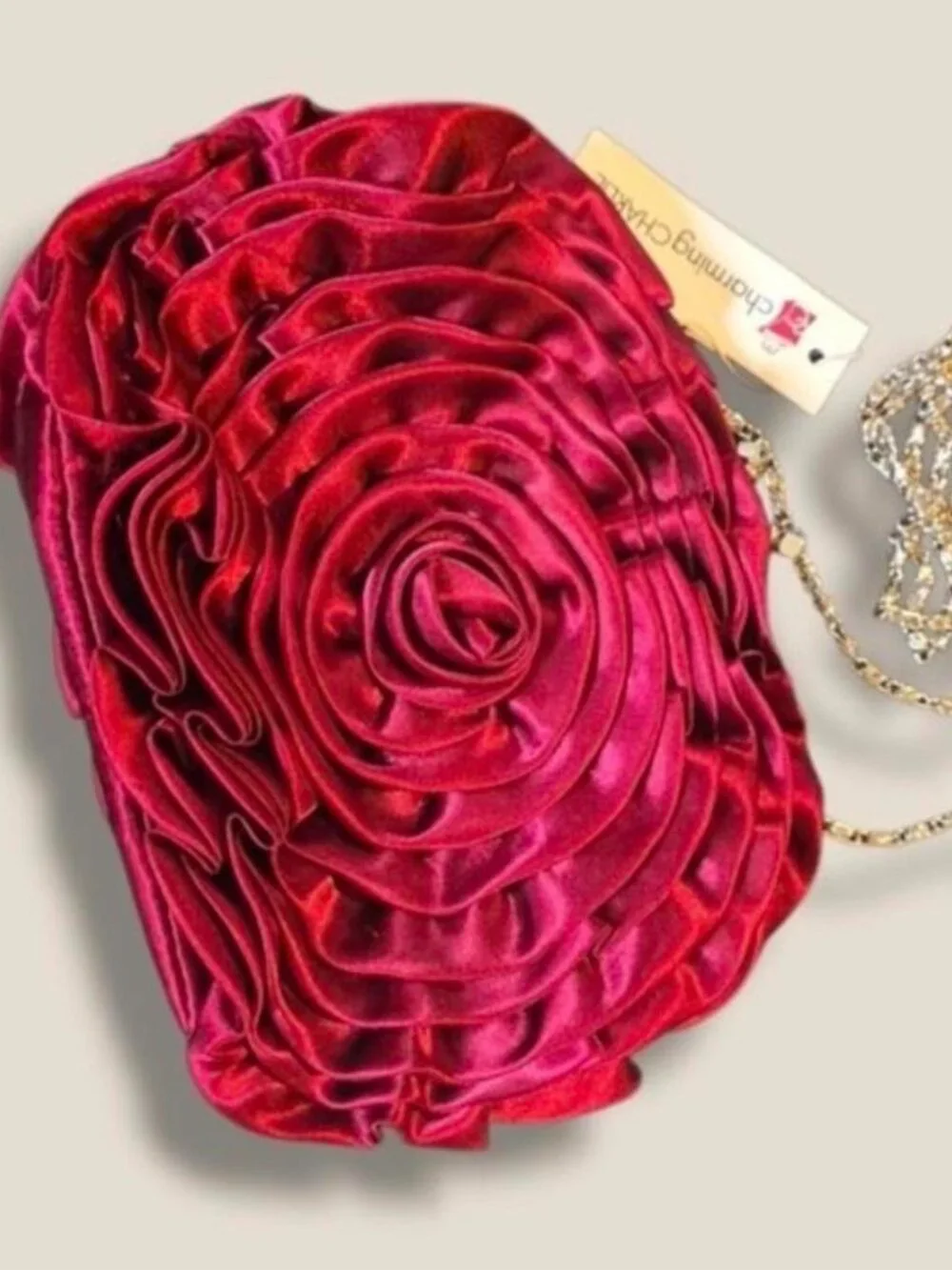 NWT Charming Charlie Red rose clutch purse with gold chain and rhinestone clasp
